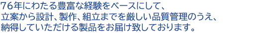 60有余年にわたる豊富な経験をベースにして、立案から設計、制作、組立までを厳しい品質管理のうえ、納得していただける製品をお届け致しております。